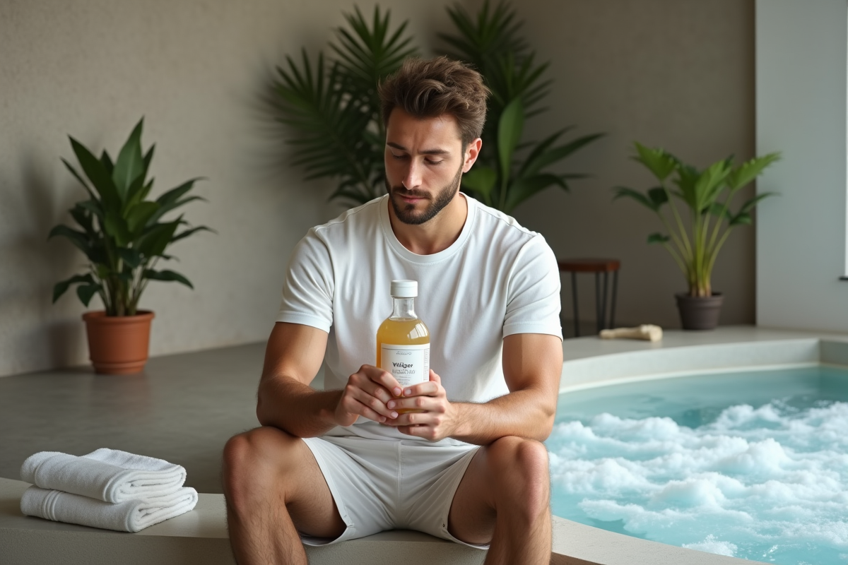 Jeune homme lisant une bouteille de vinaigre près d