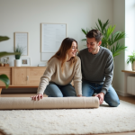 Jeune couple posant avec un tapis en jonc de mer dans leur salon