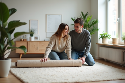 Jeune couple posant avec un tapis en jonc de mer dans leur salon