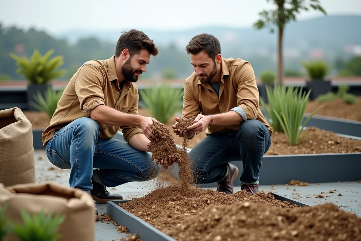 Deux hommes examinant substrat de toit vert