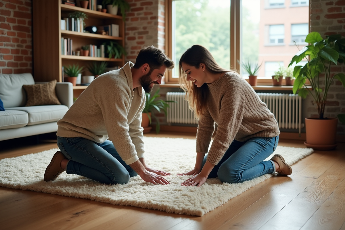 Jeune couple posant un tapis écologique dans le salon
