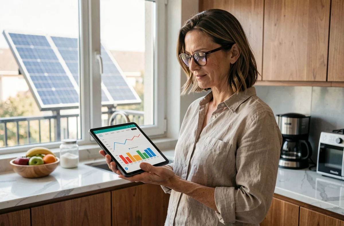 Femme consultant la consommation énergétique de son foyer sur tablette avec un panneau solaire balcon de 300W visible en arrière-plan