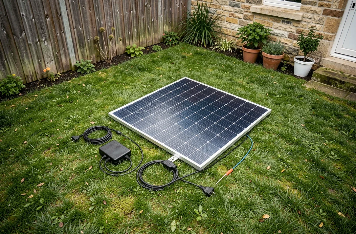 Kit solaire autoconsommation 300W plug and play déposé dans un jardin avec panneau photovoltaïque, micro-onduleur et câbles visibles