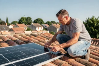 Homme inspectant un kit solaire autoconsommation de 300W installé sur un toit de maison individuelle en tuiles terracotta