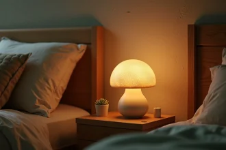 Lampe de chevet en forme de champignon posée sur une table de nuit en bois dans une chambre cosy au style scandinave