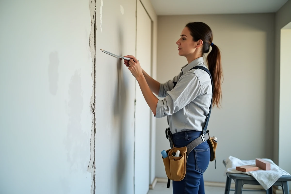 Femme artisan lissant un joint acrylique dans une fissure de plâtre sur un mur en cours de préparation avant l'application de peinture