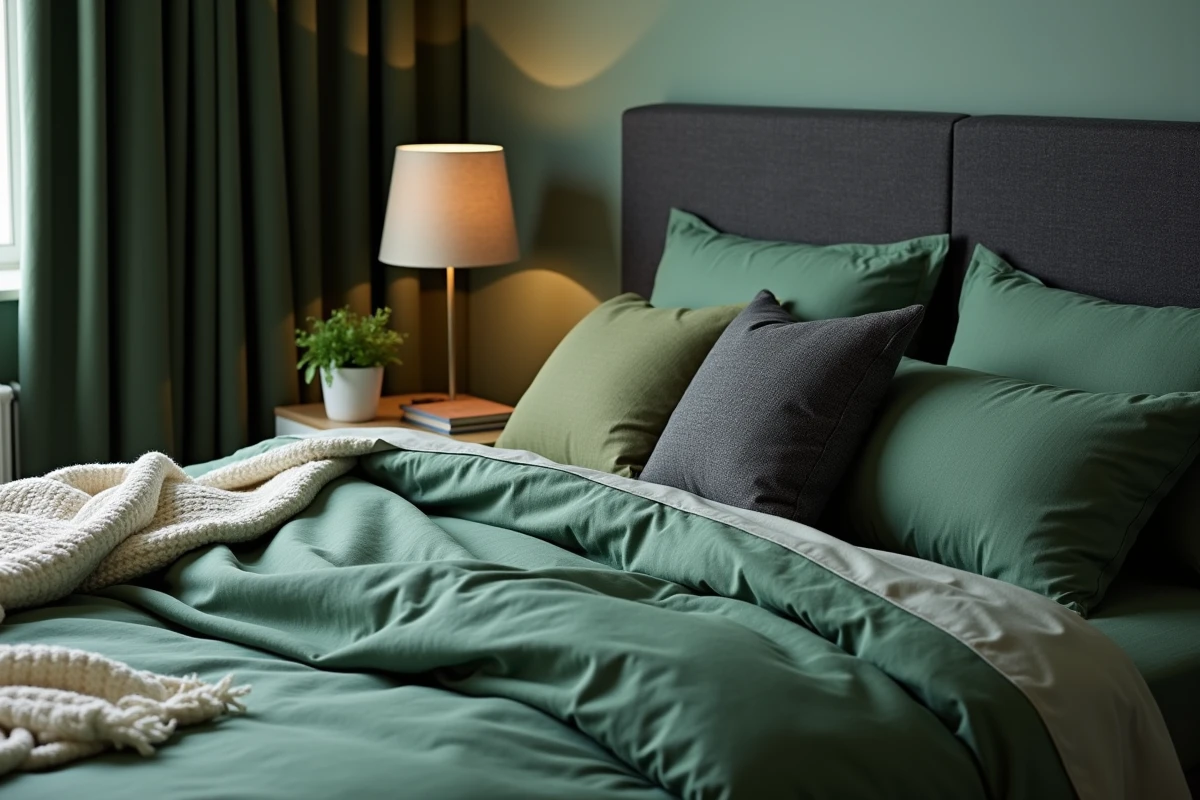 Gros plan sur un lit de garçon ado avec housse de couette vert forêt, jeté en tricot et rideaux vert olive assortis