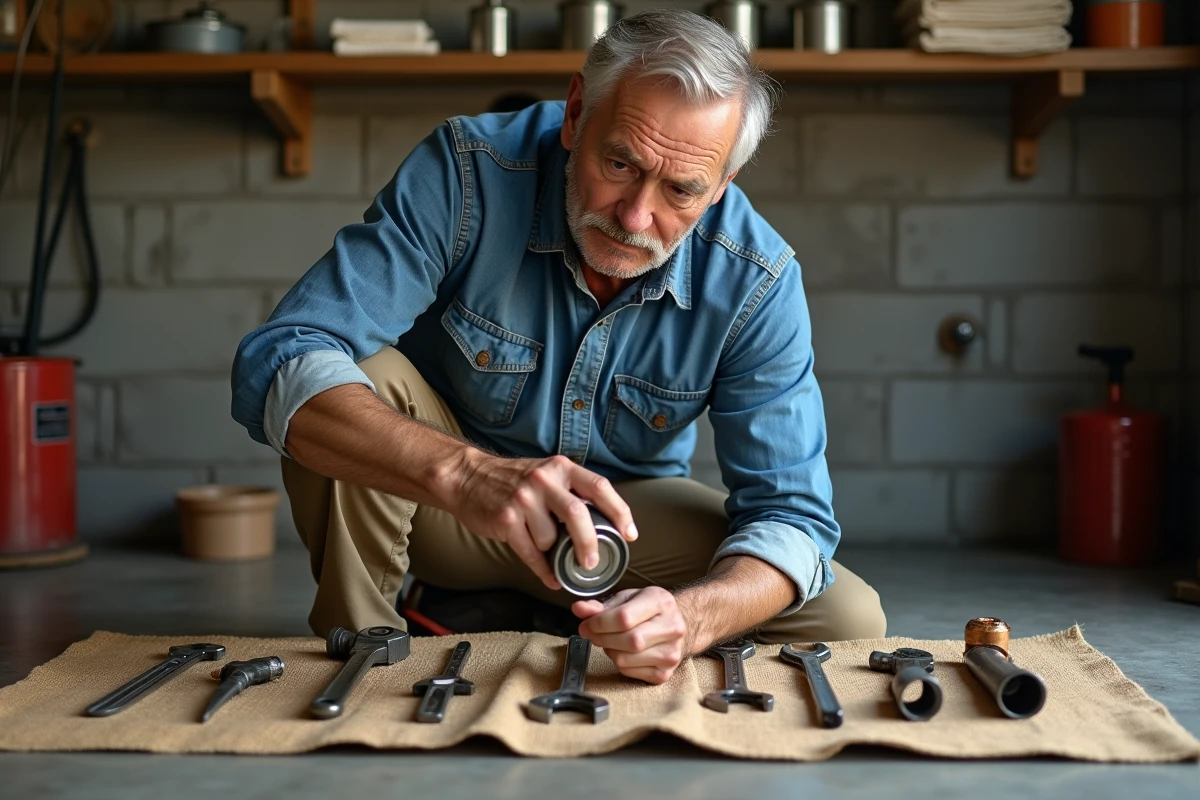 Homme âgé appliquant de l'huile lubrifiante sur des outils de plomberie disposés sur un tissu en jute dans un garage