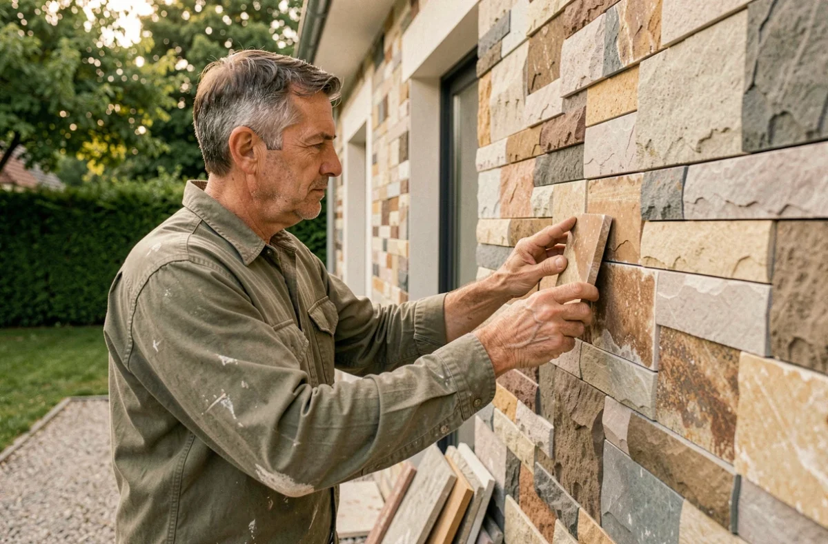 Un artisan de Maçonnerie Rodrigues posant un parement en pierre naturelle sur la façade d'une maison résidentielle en Île-de-France