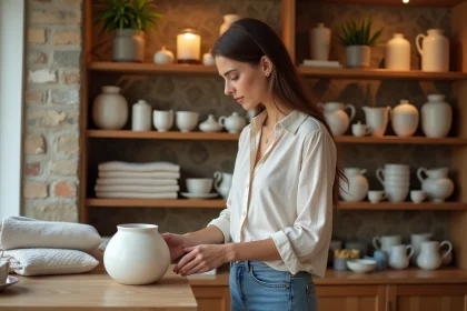 Femme explorant les articles de décoration dans un magasin spécialisé à Lyon, avec des étagères en bois garnies d'objets décoratifs en arrière-plan