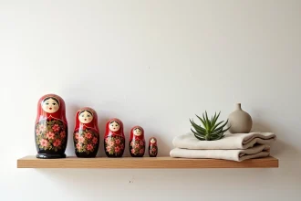 Poupées gigognes russes matriochkas disposées sur une étagère en chêne minimaliste avec accessoires design scandinave