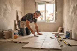 Carreleur professionnel posant du carrelage dans un appartement moderne à Marseille