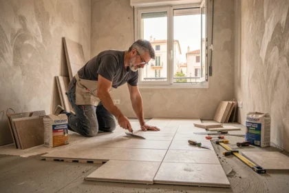 Carreleur professionnel posant du carrelage dans un appartement moderne à Marseille
