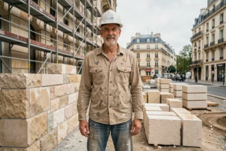 Un maçon expérimenté en Île-de-France debout devant un chantier de construction avec des immeubles haussmanniens en arrière-plan