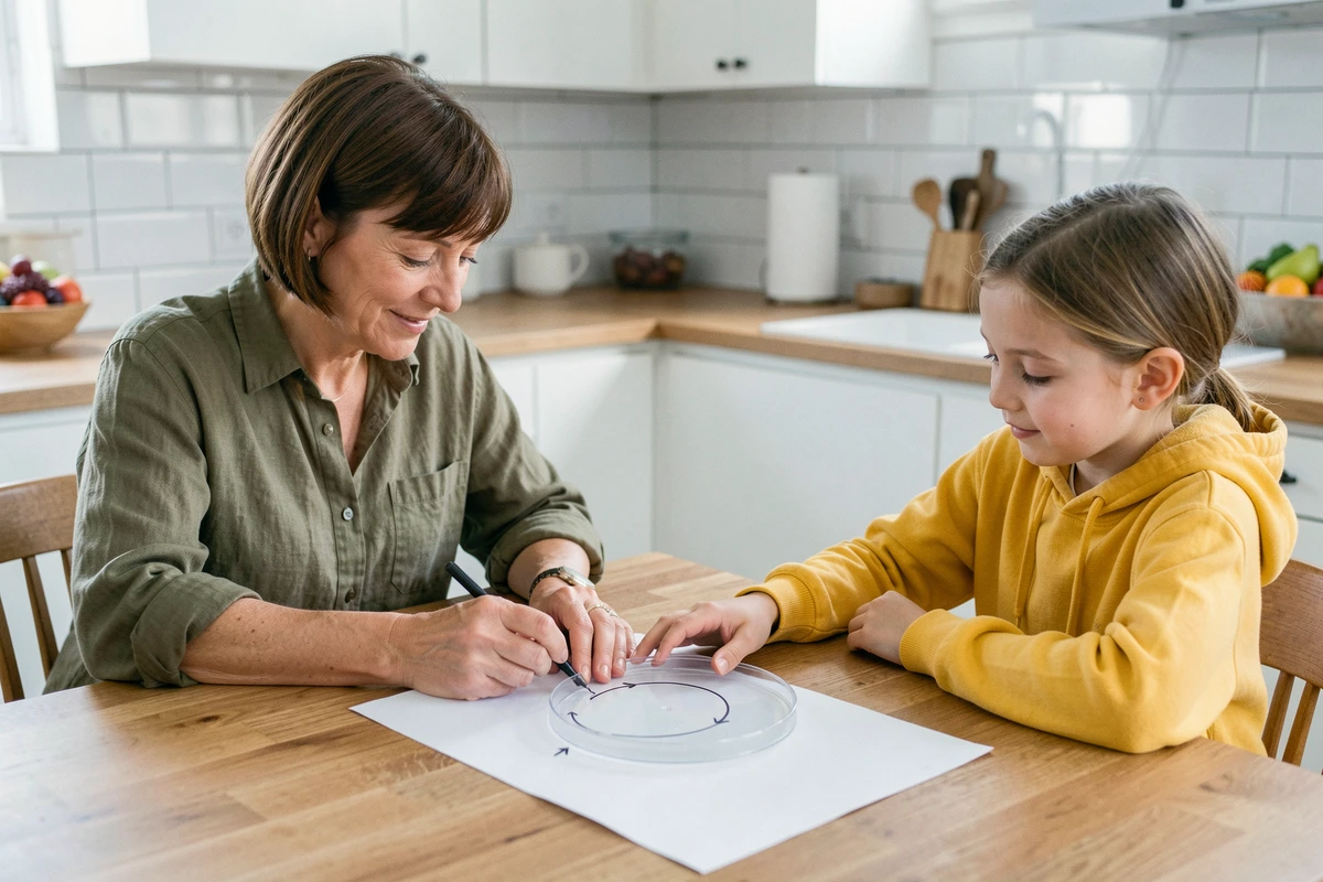 Une mère explique à sa fille comment dévisser un couvercle en dessinant le sens de rotation sur du papier dans une cuisine moderne