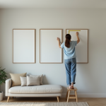 Femme mesurant l'espace entre tableaux dans un salon