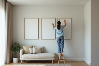 Femme mesurant l'espace entre tableaux dans un salon