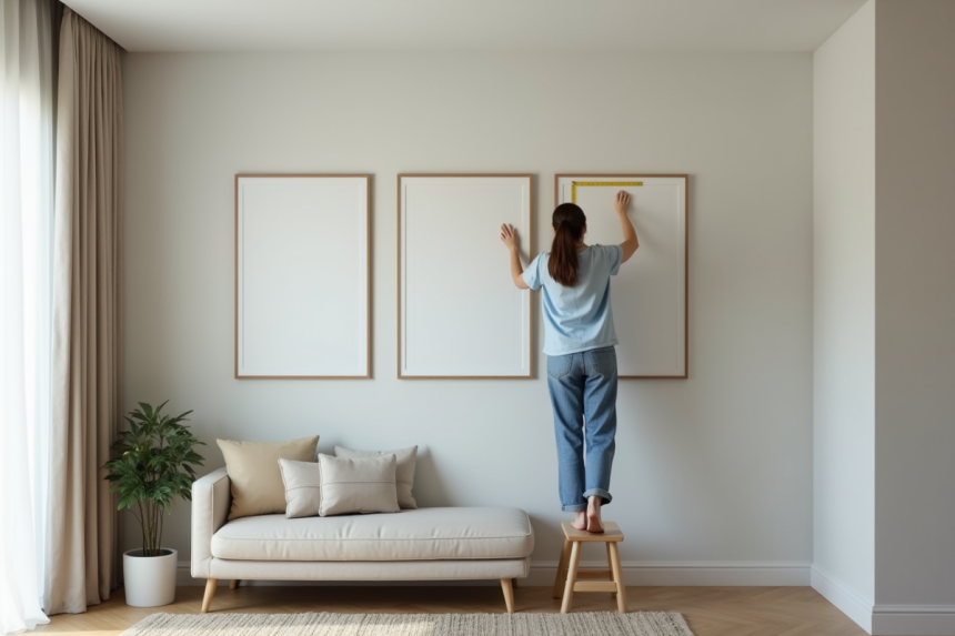 Femme mesurant l'espace entre tableaux dans un salon