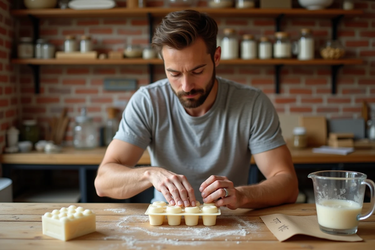 Homme moulant des pastilles de savon maison dans un moule en silicone pour la lessive et la vaisselle