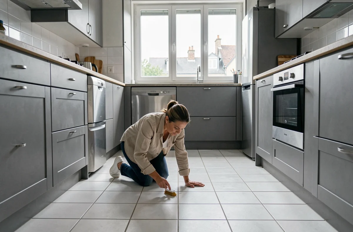 Femme de ménage à genoux récurant le carrelage d'une cuisine moderne dans une maison à Tours