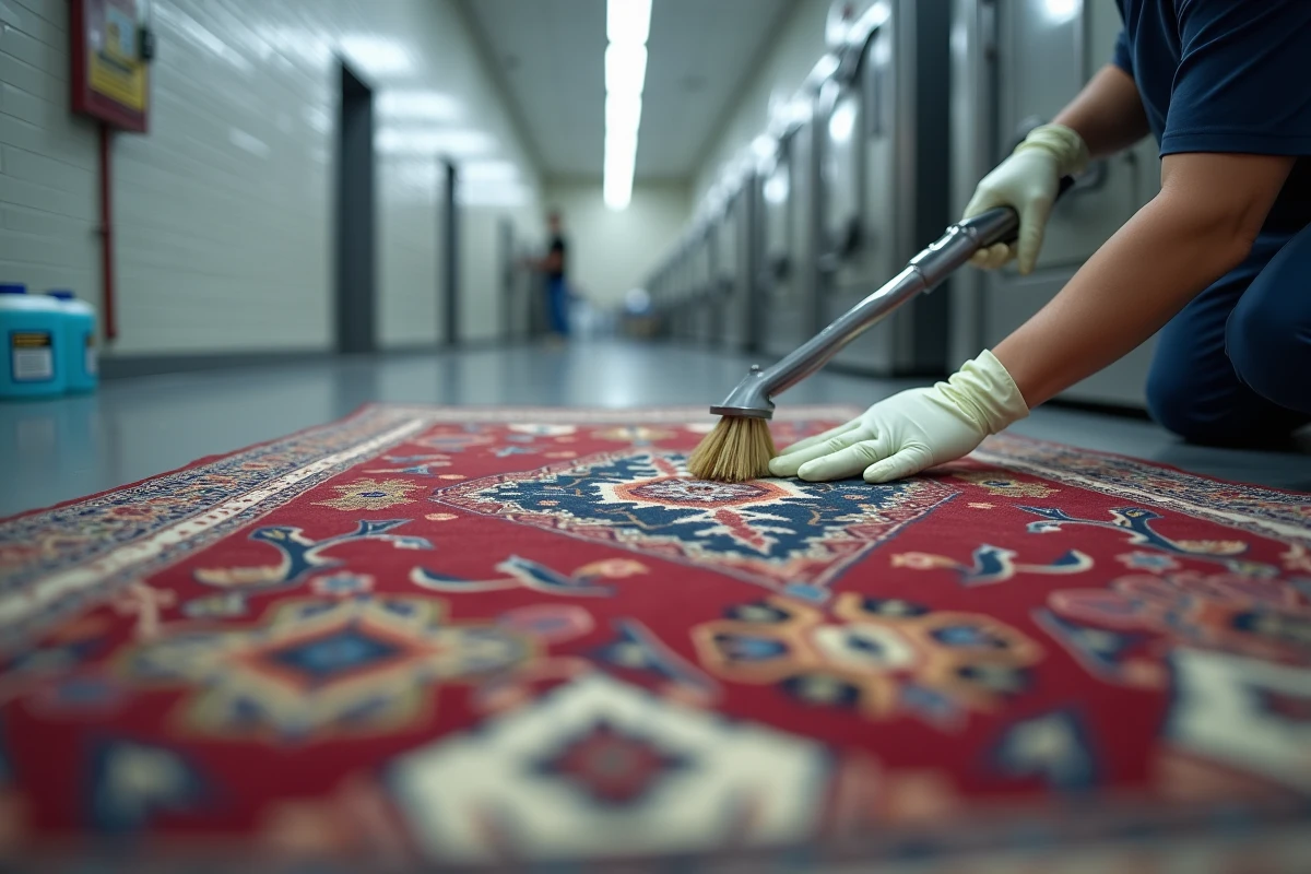 Détail de nettoyage professionnel d'un tapis persan aux motifs colorés avec brosse douce en atelier