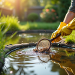Propriétaire en gants nettoyant un petit étang de jardin