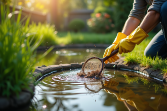 Propriétaire en gants nettoyant un petit étang de jardin