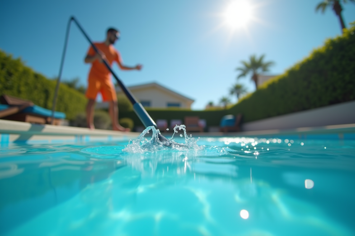 Personne nettoyant la surface de la piscine avec une perche