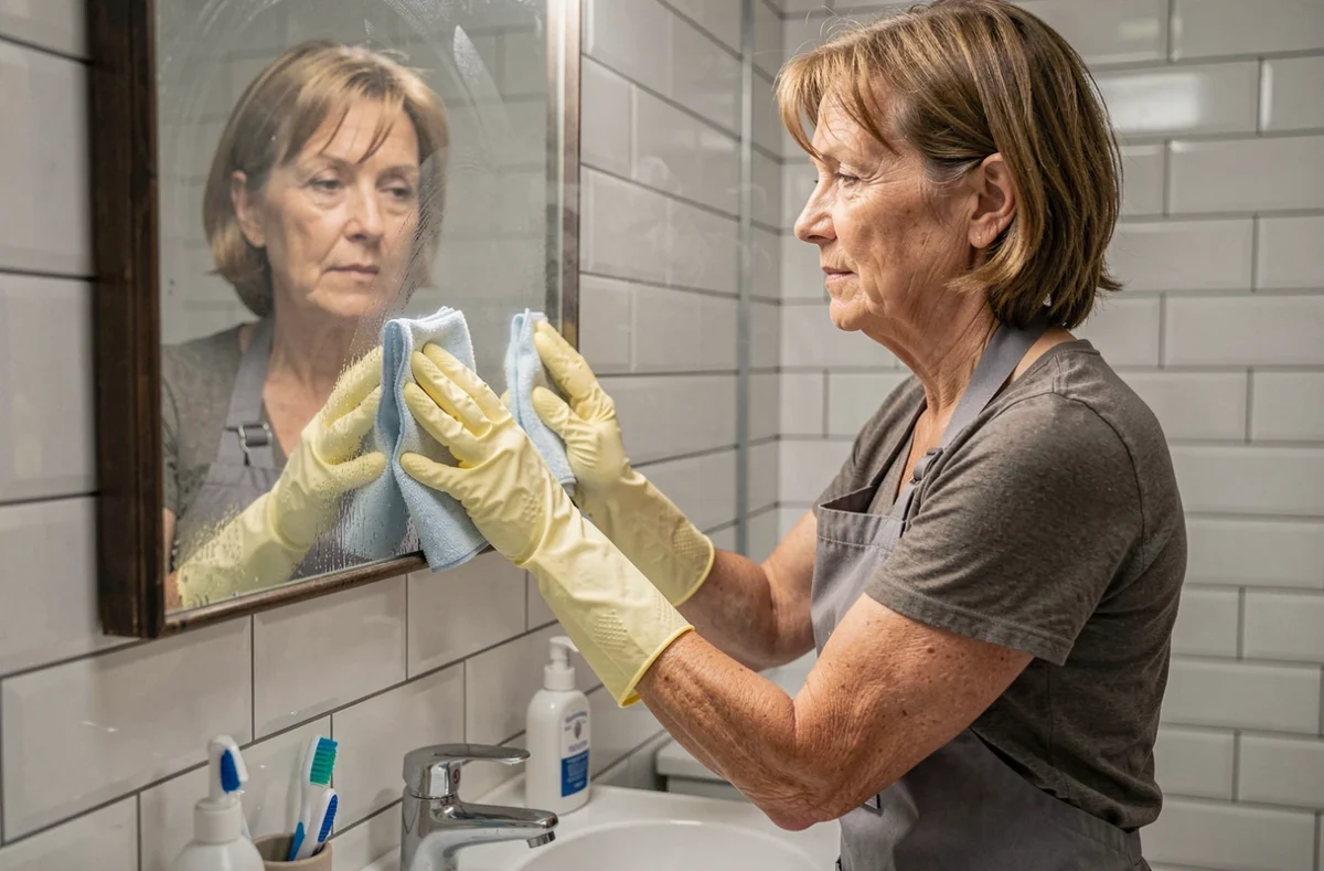 Femme de ménage nettoyant un miroir de salle de bain avec un chiffon en microfibre dans une maison à Tours