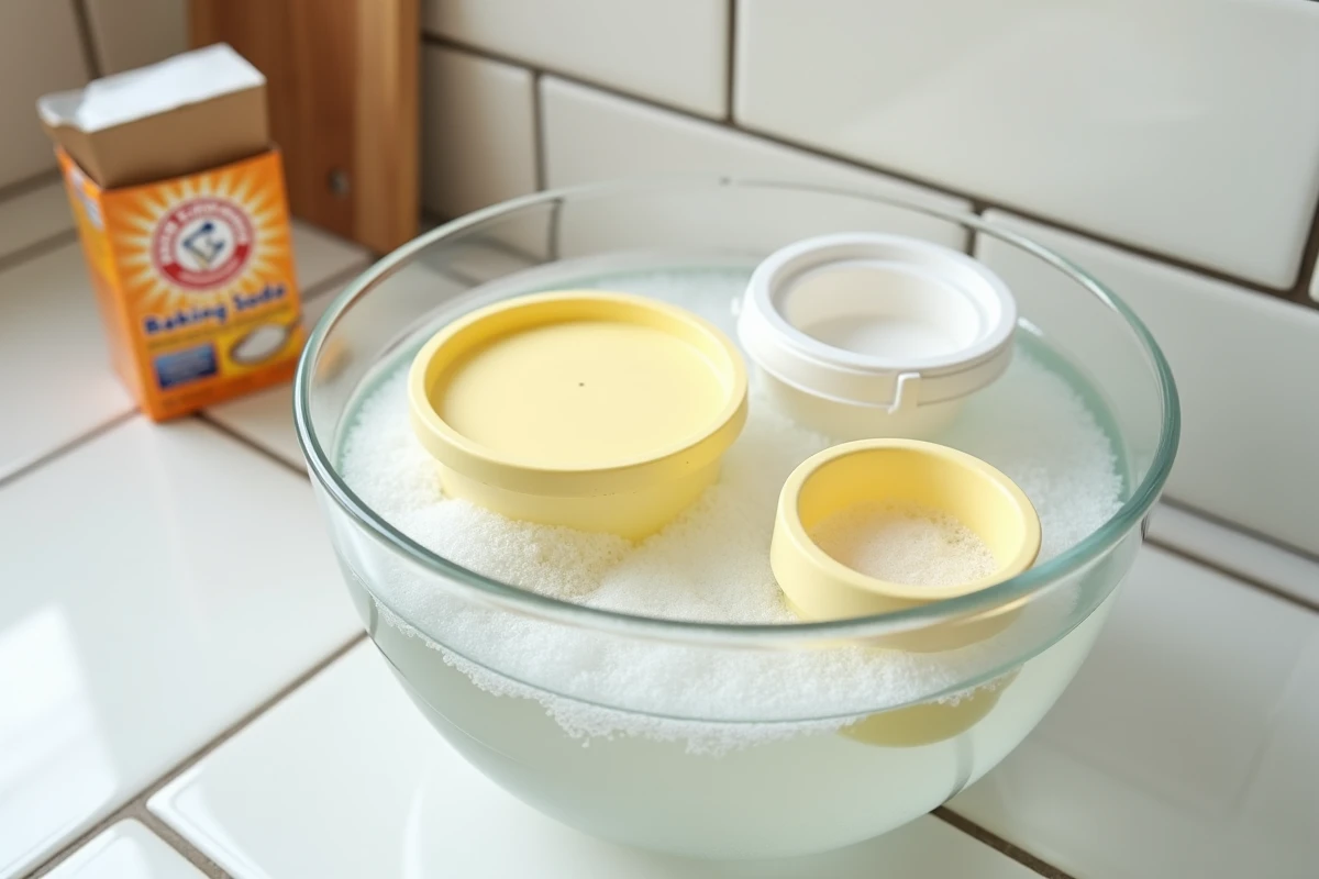 Objets en plastique jauni en trempage dans un bol de solution bicarbonate de soude sur un plan de travail cuisine