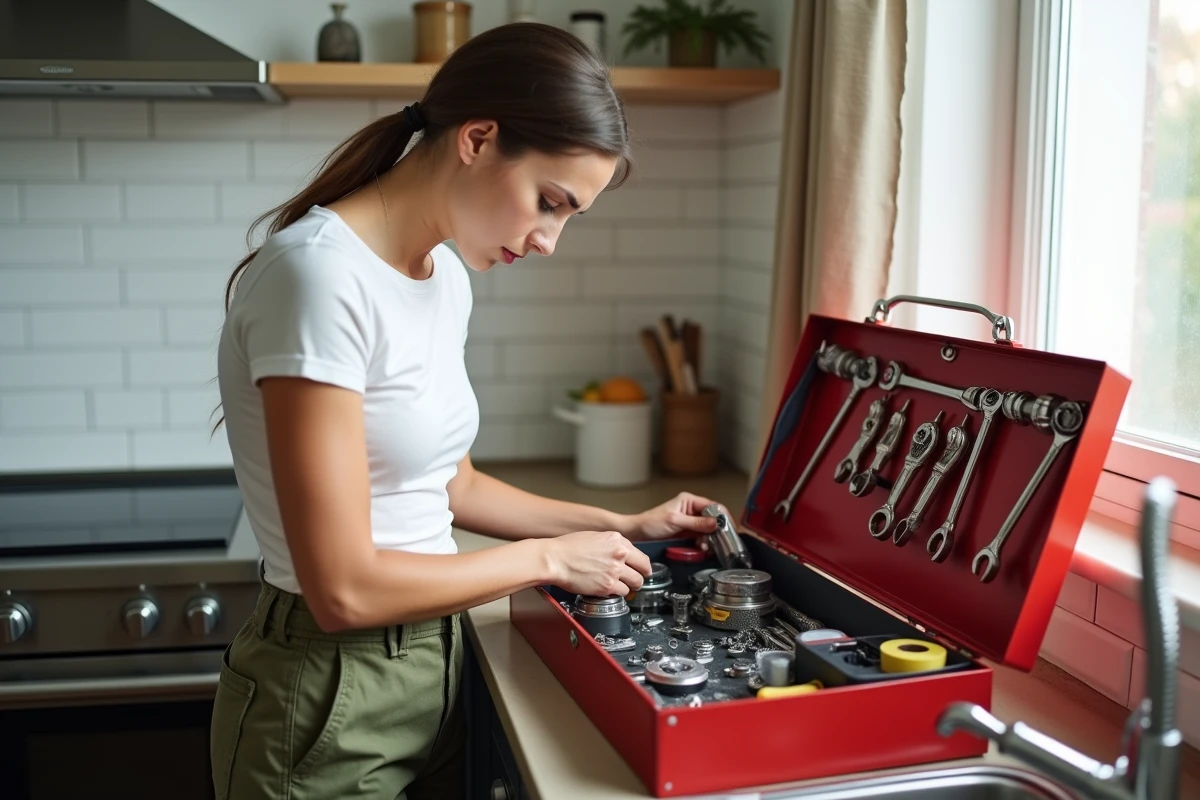 Femme organisant et inspectant un kit de plomberie dans une boîte à outils rouge sur un plan de travail de cuisine