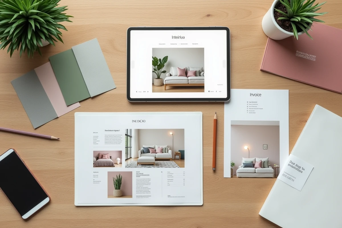 Outils de travail d'un décorateur d'intérieur posés sur un bureau en bois clair : planches tendances, palette de couleurs et devis de prestation