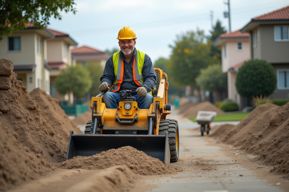 Ouvrier de construction manipulant une mini-excavatrice sur un chantier de rénovation de driveway