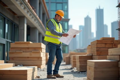 Ouvrier de construction avec plans sur site urbain