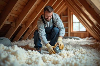 Hommes en combinaison isolant un grenier avec de la cellulose