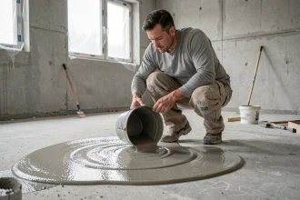 Ouvrier versant un ragréage autonivelant liquide sur un sol béton brut en cours de rénovation intérieure