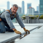 Ouvrier en overalls appliquant résine sur parapet en béton