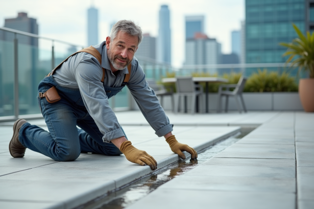 Ouvrier en overalls appliquant résine sur parapet en béton