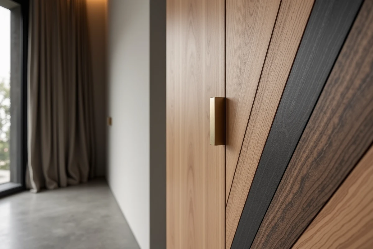 Panneau mural en placage bois de luxe avec incrustations géométriques en frêne, chêne fumé et eucalyptus dans un appartement contemporain