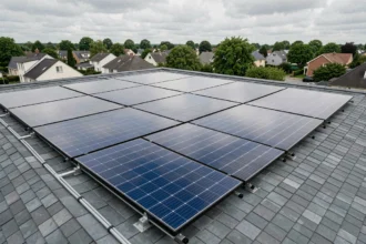 Toiture résidentielle équipée de 20 panneaux photovoltaïques monocristallins pour produire 8000 kWh par an