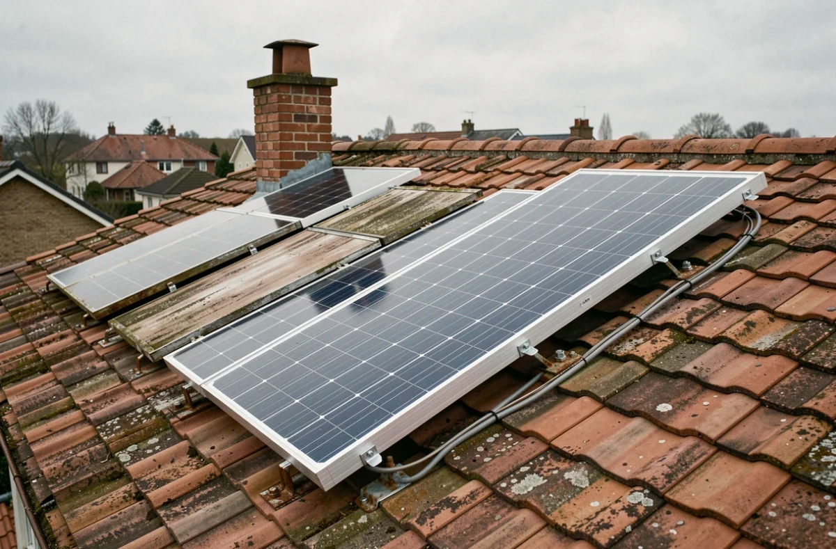 Toiture de maison individuelle avec des panneaux solaires bon marché mal installés à côté de panneaux plus anciens, illustrant les risques d'un achat discount non contrôlé