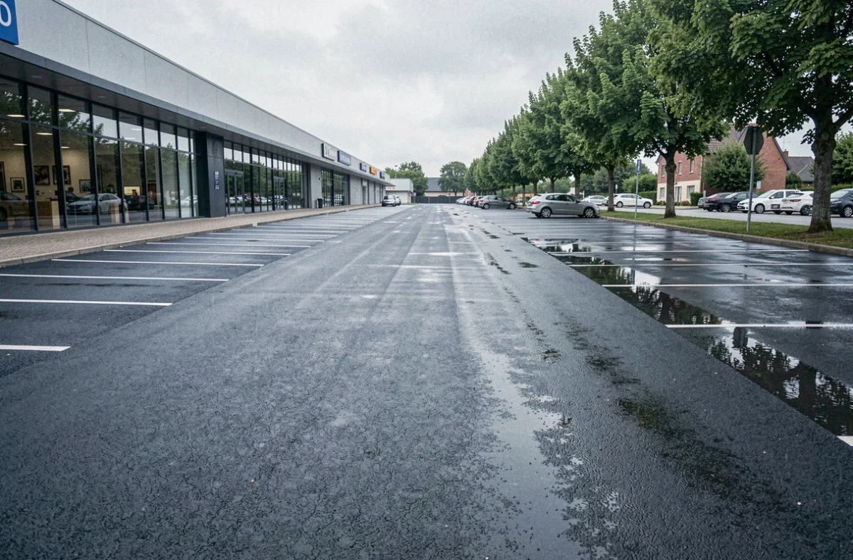 Parking commercial en enrobé drainant après une pluie, illustrant la capacité d'infiltration de l'eau du revêtement poreux par rapport à un sol imperméable classique