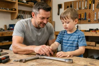 Un père apprend à son fils dans quel sens dévisser un boulon avec une clé dans un atelier de bricolage à la maison