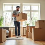 Personne emballant des cartons dans un salon lumineux