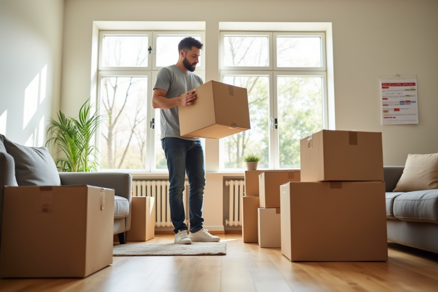Personne emballant des cartons dans un salon lumineux