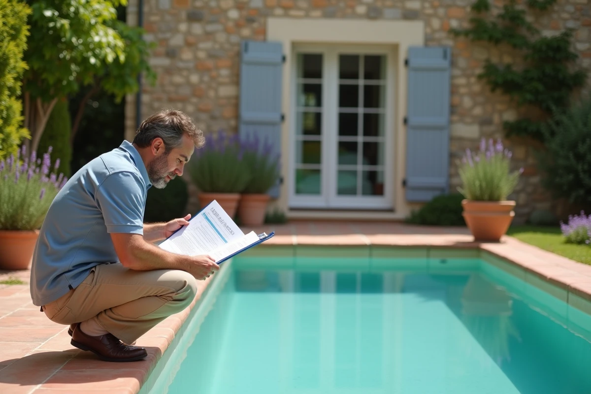 Propriétaire consultant des documents administratifs au bord d'une petite piscine enterrée de moins de 10 m² dans un jardin français