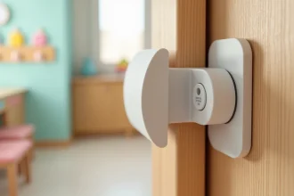 Pince doigt en caoutchouc installée sur une porte en bois dans une crèche française, détail des normes de sécurité