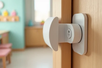 Pince doigt en caoutchouc installée sur une porte en bois dans une crèche française, détail des normes de sécurité