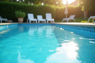Piscine extérieure avec couverture liquide brillante au soleil