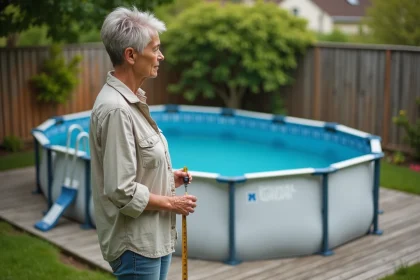 Femme mesurant une petite piscine hors-sol dans un jardin suburban pour vérifier les dimensions non imposables